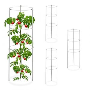 Relaxdays Tuteur &agrave; tomates en Lot de 4, m&eacute;tal et Plastique, Hauteur : 60 cm, 3 Anneaux r&eacute;glables, pour Plantes, Gris