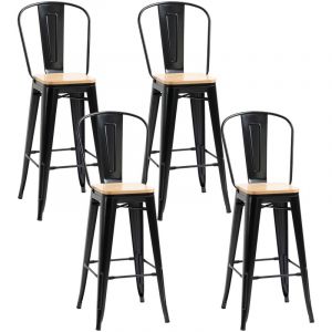 Homcom Lot de 4 tabourets de Bar avec Dossier Repose-Pied Hauteur Assise 76 cm métal noir Panneaux Multicouches Imitation Bois