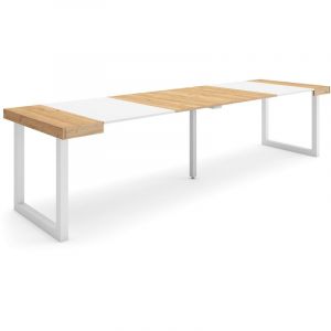 Table console extensible, Console meuble, 300, Pour 14 personnes, Pieds bois massif, Style moderne, Ch&ecirc;ne et blanc - Skraut Home