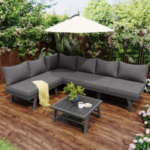 Hauss Spole - Salon de jardin 3 pièces, 2 canapés + 1 table basse, avec coussins moelleux, canape jardin, fer, gris