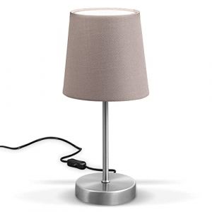 B.K.Licht lampe de table design moderne, tissu taupe, pied métal nickel mat, pour ampoule LED E14, IP20