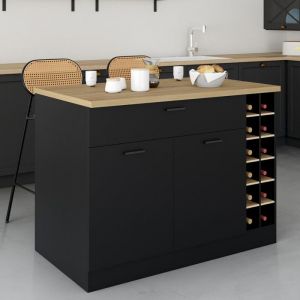 Idmarket Ilot central GEORGE avec range-bouteilles placard et tiroir bois noir avec plan de travail fa&ccedil;on h&ecirc;tre
