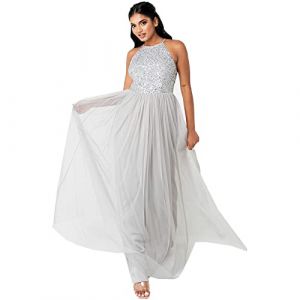 Maya Deluxe Maya Berry Embellished Halter Neck Maxi Dress Robe de Demoiselle d'honneur, Soft Grey, 34