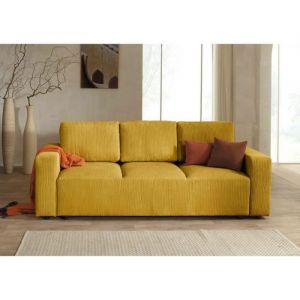 Livy - canapé droit convertible - avec coffre - en velours côtelé - 3 places - jaune - Jaune