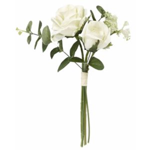 Ruedelafete Bouquet de 2 Roses et 2 Eucalyptus avec Spir&eacute;e 32cm, Cr&egrave;me