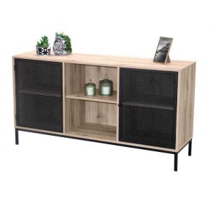 Buffet 2 portes avec grillage en métal noir et deux niches, coloris chêne clair - dimensions 140x40xH75cm