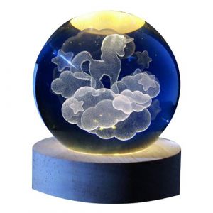 Boule de verre 3D avec LED RGB I-Total XL2723 effet au plafond, veilleuse, lampe de nuit avec base en bois, th&egrave;me Unicorn