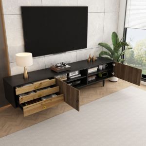 Meuble TV de rangement, grain de bois, 3 tiroirs et 2 portes, adapt&eacute; au salon/chambre, noir + marron, DMF, 180&times;38&times;50cm