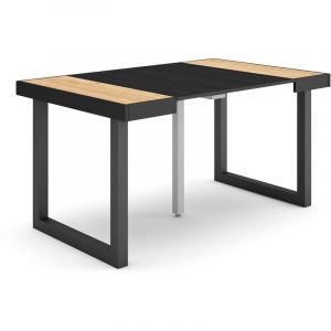 Table console extensible, Console meuble, 140, Pour 6 personnes, Pieds bois massif, Style moderne, Chêne et noir - Skraut Home