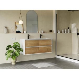 Meuble de salle de bain suspendu avec vasque à encastrer - Coloris naturel clair et blanc - 120 cm - LANNICK