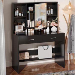 JUMMICO Coiffeuse avec Miroir LED, 3 Couleurs D'éclairage, Table de Maquillage avec Étagère Réglable, Rangement Derrière Le Miroir et 2 Tiroirs, Meuble Chambre Style Moderne