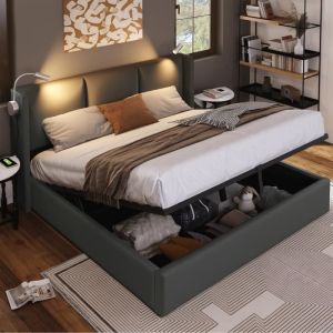 Lit Coffre Adulte - Simili Gris - 140x200 cm - Sommier Inclus - Rangement Pratique