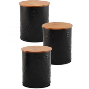 Wadiga Set de 3 boîtes de cuisine en métal noir et bambou café, thé, sucre