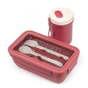 Dam Bo&icirc;te &agrave; repas herm&eacute;tique de 1100 ml avec gobelet thermique et couverts. Passe au micro-ondes 20,3 x 12,3 x 7,3 cm. Couleur : rose fonc&eacute;