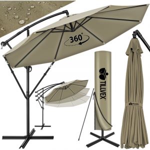 Tillvex Parasol d&eacute;port&eacute; Taupe hexagonale 3M avec manivelle Pare-soleil avec pied Protection UV en aluminium pour le jardin Parasol &agrave; manivelle pour