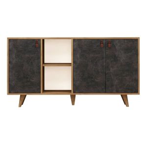 Menzzo Buffet 3 portes et 2 niches décor chêne et décor pierre anthracite