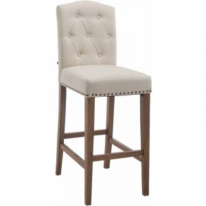 Décoshop26 Tabouret de bar chaise haute avec dossier capitonné tissu crème et pieds en bois clair