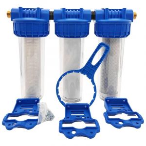 Afimo - Triple Porte Filtre 9 pouces 3/4 - 20/27 Avec Cartouche 60 µm + 20µm + Filtre 2 En 1 (ca + 5µm)