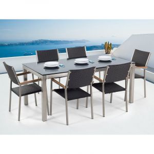 Beliani Ensemble de jardin table en verre noire 6 chaises en rotin GROSSETO