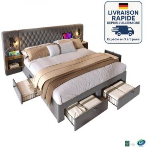 MODFU - Lit adulte 180x200cm avec 2 tables de chevet, 4 tiroirs, 2 lampes de lecture, USB+Type-C, lit double rembourr&eacute;, sans matelas, velours, gris