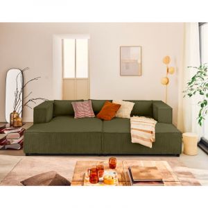 Lisa Design - Stella - canapé droit 3 places avec double méridienne - assise profonde - en velours côtelé - vert
