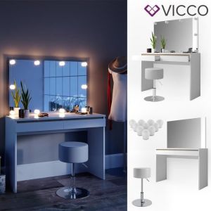 Vicco - Coiffeuse "Emma" Blanc/Ch&ecirc;ne clair avec tabouret et &eacute;clairage led