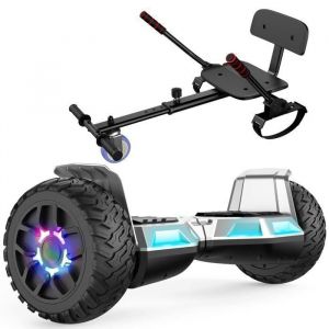 Hoverboard 8,5" + Hoverkart Hy-B02c Avec Musique Bluetooth Et Éclairage Led, Moteur 160w, Batterie 18v/5.2ah, Vitesse 10km/H, Argentée + Noir