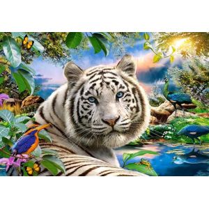 Puzzle Adulte Paysage Paradisiaque Avec Tigre Blanc Du Bengale 1500 Pieces Puzzle Animaux Sauvages Paon Et Oiseaux