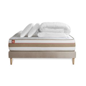 Image de Pack prêt à dormir matelas LE TENDRE 140x190cm Ressorts ensac s + Mémoire de forme + sommier kit Beige