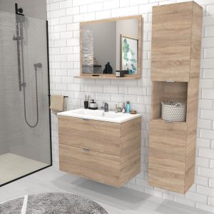 Meuble Sous Vasque Malaga 80 Cm + Vasque + Miroir + Colonne / C ne Blanchi/ Neuf