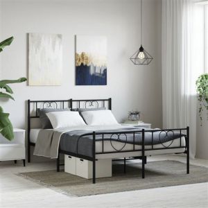VidaXL Cadre de Lit avec Tête de Lit et Pied de Lit, Lit de Double avec Sommier à Lattes, Lit Adulte avec Rangement Chambre, Moderne, Noir 120x200 cm Métal