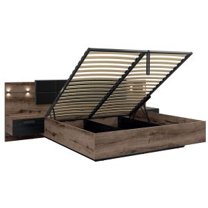 Lit coffre 180x200 sommier chevet led et prise usb inclus Romane Bois