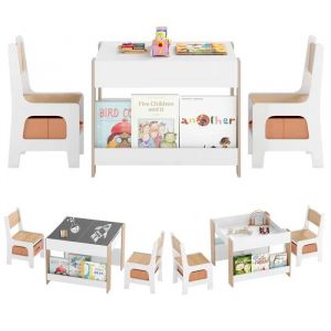 Costway Table 4 En 1 Et 2 Chaises Enfants - Plateaux R&eacute;versibles Double Face & Biblioth&egrave;ques Lat&eacute;rales Tiroirs En Tissu Orange