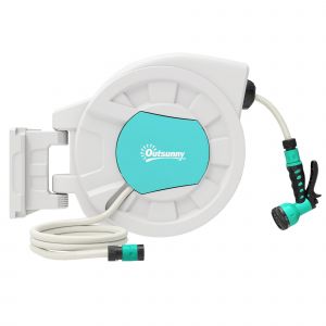 Outsunny D&eacute;vidoir mural enrouleur automatique pivotant 180&deg; tuyau 35 + 2 m avec lance arrosage 7 modes support mural int&eacute;gr&eacute; gris clair bleu