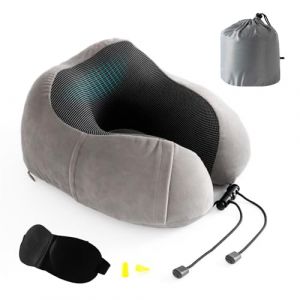 Good Nite Oreiller de Voyage,Oreiller Cervical,Mousse à mémoire Coussin de Voyage,Voyages en Avion et en Train, Sac de Transport Inclus Masque pour Les Yeux Bouchons d'oreille Gris