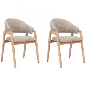 Lot de 2 chaises avec accoudoirs en tissu bouclette et bois d'hévéa - Taupe et naturel - SOLUNA