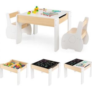 COSTWAY Ensemble Table et 2 Chaises 3 en 1 pour Enfant Tableau 2 Face (Noir & Blanc ) avec Fonction de Stockage en Bois Blanc