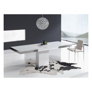 Inside75 Table repas extensible INTEMPO 8 couverts 135/229x90cm pied bois plateau verre blanc