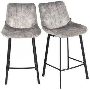 Meubletmoi - Lot 2 tabourets de bar en velours gris clair pieds m&eacute;tal noir &ndash; nany 2