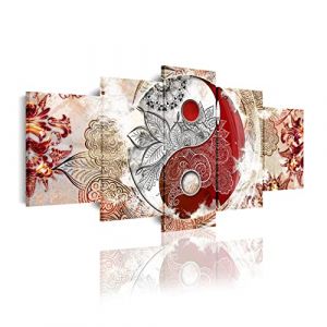 DekoArte 518 - Impression Sur Toile Moderne D'Images Artistiques | Toile Décorative Pour Votre Salon Ou Votre Chambre | Style Abstrait Ying Yang Zen Couleurs Beige et Rouge | 5 Pièces 200 x 100 cm XXL