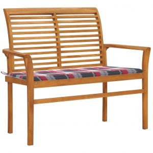 VidaXL Banc de jardin avec coussin &agrave; carreaux rouge 112 cm Teck massif