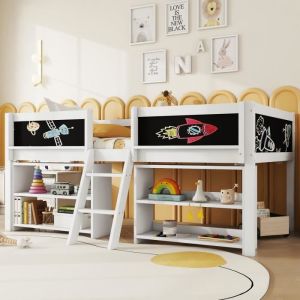 Fortuna Lai - Lit mezzanine enfant 90x200cm - Lit mi-hauteur avec étagères de rangement, balustrade, échelle - sans matelas - bois de pin blanc