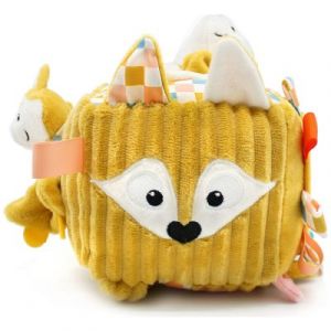 Les Déglingos LES - Cube d'activités en Tissu Cyranos Le Renard- Jouet d'éveil sonore et Tactile pour bébé - Jouet de développement - Cadeau de Naissance - 12cm - Jaune Moutarde