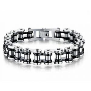 Bracelet Gourmette Acier Inoxydable Et Titane Bijoux Homme Chaine Maillon Vélo Moto Robuste / Argent-Noir / Cadeau Design Motard Biker - 21 Cm - Pochette Cadeau