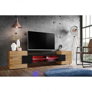 Meuble Banc tv Merano, Wotan/Noir, Largeur 230 cm x Hauteur 52,5 cm x Profondeur 35 cm, led rgb, pour Salon, Chambre - Komodee