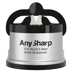 AnySharp Aiguiseur de Couteaux, Sécurité Mains Libres, Ventouse PowerGrip, Aiguise en Toute Sécurité Tous les Couteaux de Cuisine, Idéal pour l'Acier Trempé & Dentelé | Le Meilleur au Monde | Argent