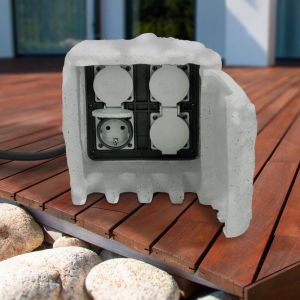 Image de Borne de Jardin en Pierre - Prise &Eacute;lectrique Jardin Power Rock - Bloc Multiprise 4 Prises - Borne pour &Eacute;xterieur - Longueur C&acirc;ble 1,5 m - Couleur