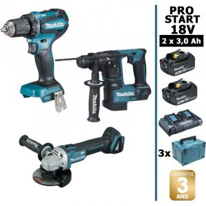 Image de Makita Pack PRO START BL Motor 18V 3 machines 2 batt 3Ah Perceuse 50Nm DDF485 + Meuleuse DGA504 + Perforateur DHR171 + Makpac