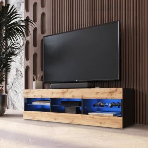 Meuble Tv Tivoli Rtv Komodee - Led Bleues - Bois Naturel Mat Et Noir - 140 X 41 X 35 Cm