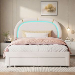 Lit double 140x200 cm, t&ecirc;te de lit rembourr&eacute;e avec lumineuse LED, 2 tiroirs, tissu velours, moderne, cadre de lit 140x200 cm, beige